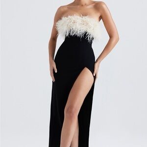House of CB Sarai Black Thigh High Split Strapless Feather Trim Maxi Dress sz S